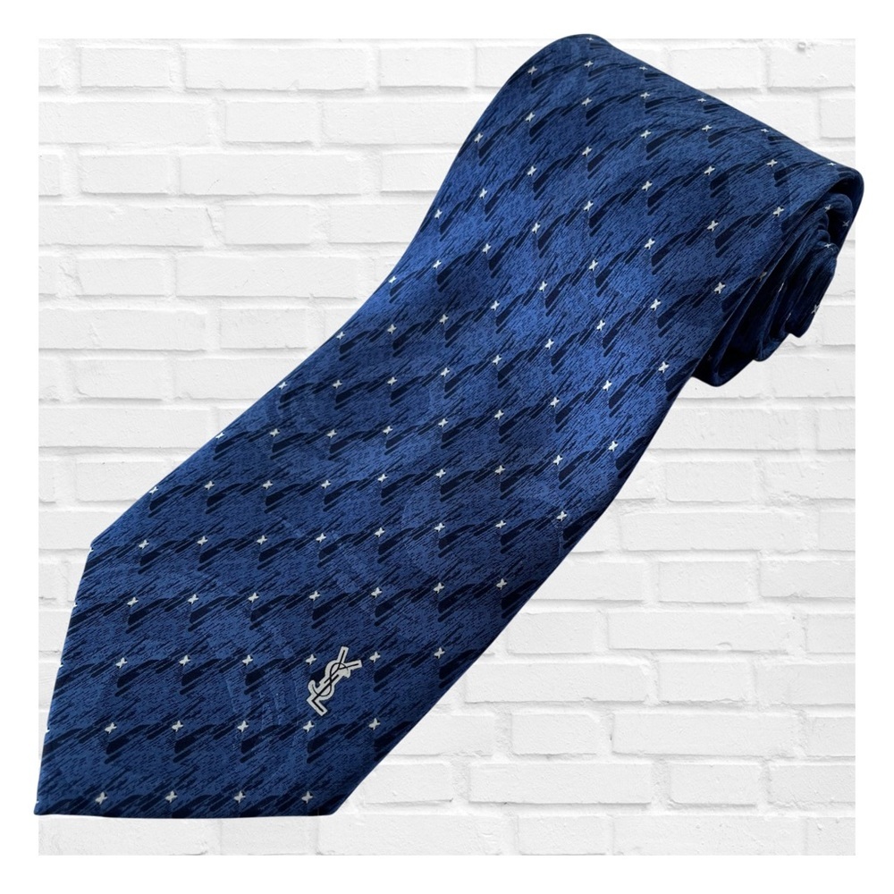 Yves Saint Laurent 100% Silk Tie Blue Black White Design Designer Logo Old Money